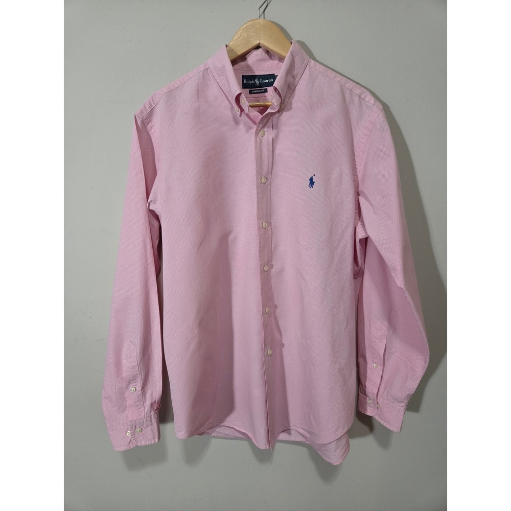 Ralph Lauren Mens Pink Gingham Button Down Shirt Classic Fit 16.5 34/35 Cotton